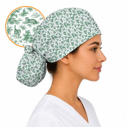 Toile de Jouy Cat Scrub Cap, Crazy Cats Pattern Nursing Caps for Cat Lovers, Vintage Feline Medical Scrubs