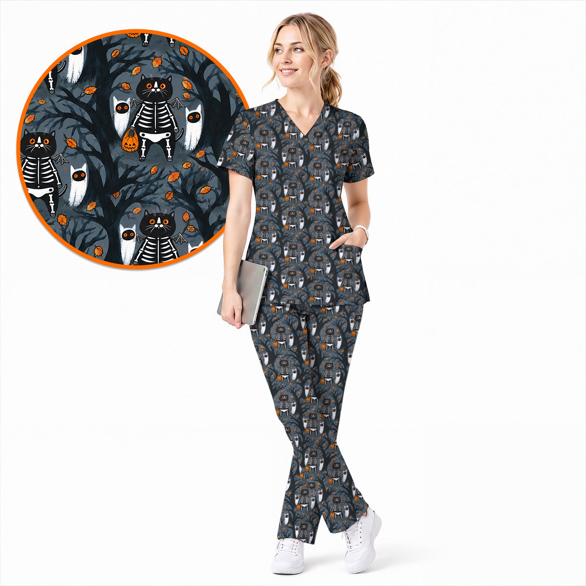Skeleton Cat Halloween Scrub Top, Spooky Black Cat Nurse Scrubs, Halloween Medical Uniform