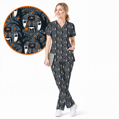 Skeleton Cat Halloween Scrub Top, Spooky Black Cat Nurse Scrubs, Halloween Medical Uniform