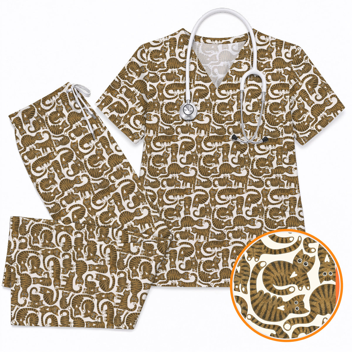 Cute Tabby Cat Pattern Scrub Top, Brown Tabby Cat Nursing Uniform for Cat Lovers, Comfortable Feline Scrubs for Nurses