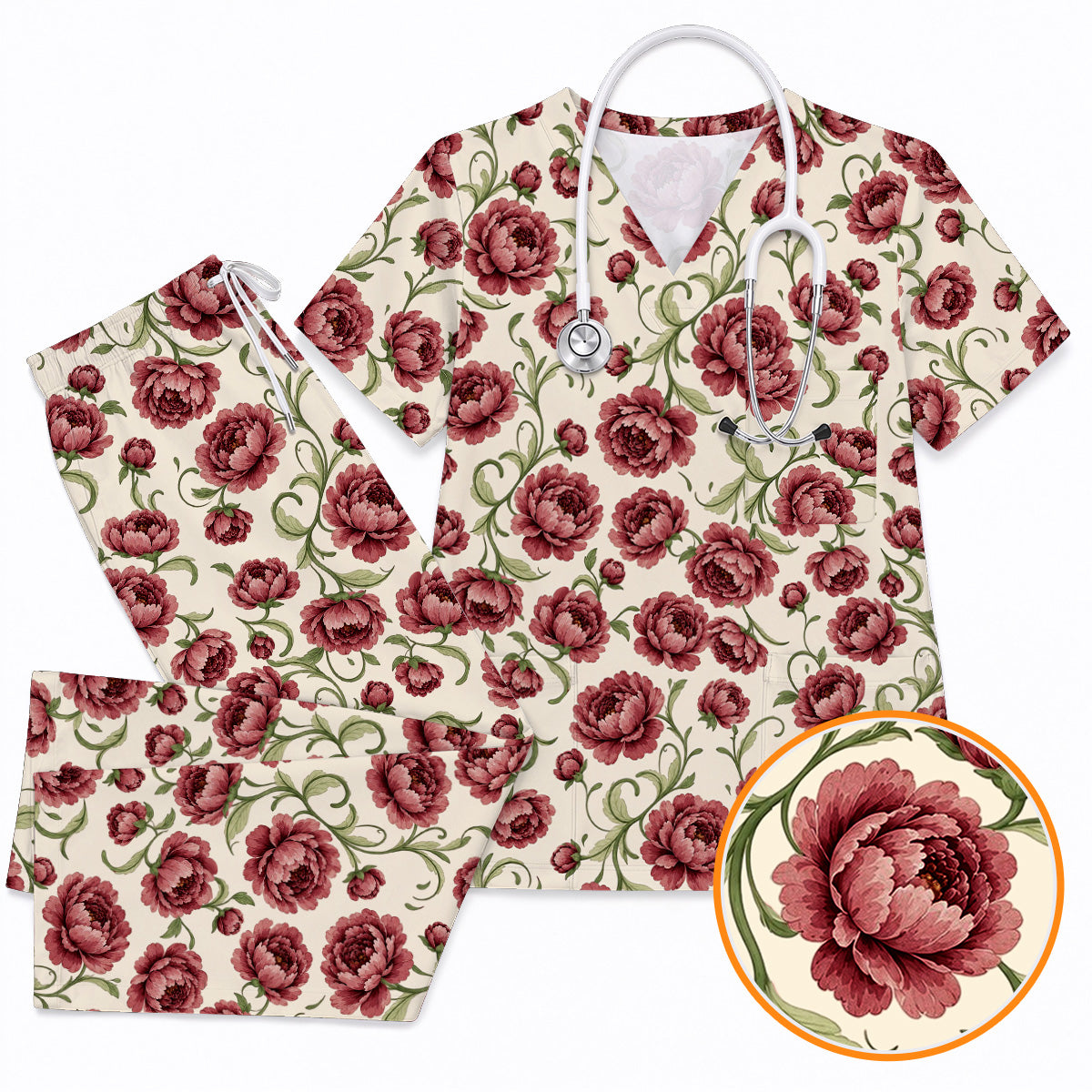 Peony Floral Pattern Scrub Top, Crazy Pink Peony Nurse Scrubs, Breathable Fabrics Nursing Uniform