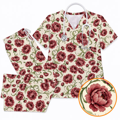 Peony Floral Pattern Scrub Top, Crazy Pink Peony Nurse Scrubs, Breathable Fabrics Nursing Uniform