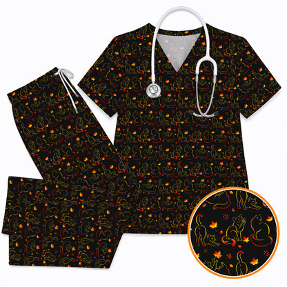 Autumn Black Cat Scrub Top, Fall Cat Nursing Uniform for Cat Lovers, Comfortable Feline Medical Scrubs For Nurse