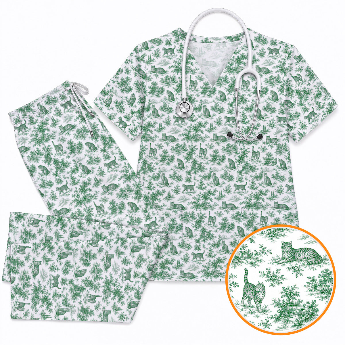 Toile de Jouy Cat Scrub Top, Crazy Cats Pattern Nursing Uniform for Cat Lovers, Vintage Feline Medical Scrubs
