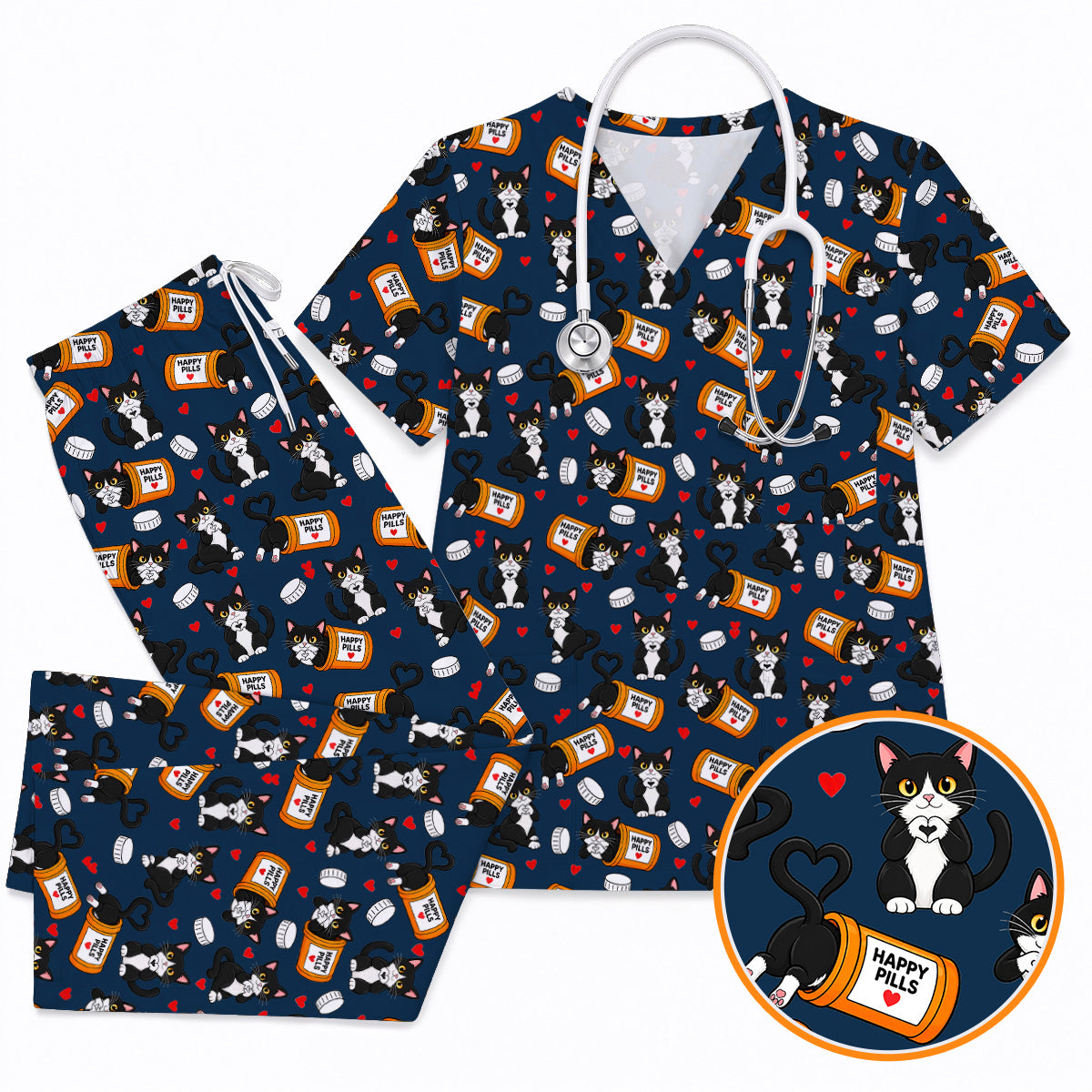 Cute Cat Nurse Scrub Top, Funny Happy Pills Medical Scrubs, Cat Lover Healthcare Uniform