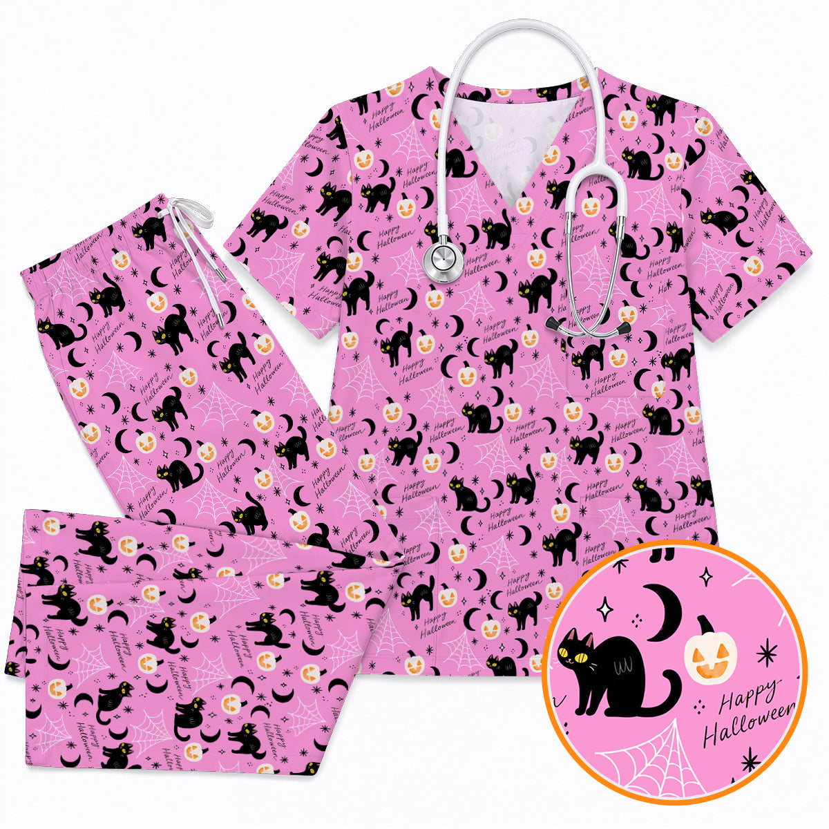 Black Cat Halloween Scrub Top, Cute Pumpkin Nurse Scrubs, Spooky Season Medical Uniform