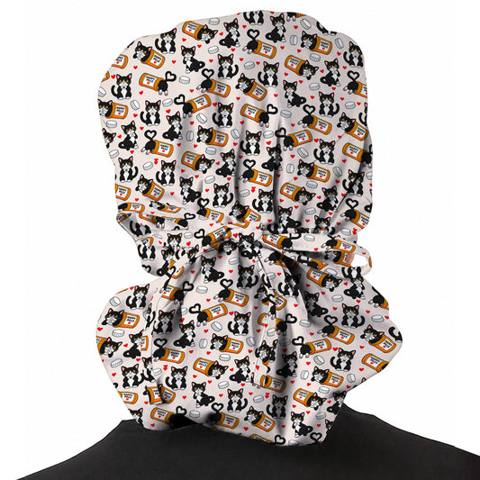 Cute Cat Nurse Scrub Caps, Funny Happy Pills Medical Headwear, Cat Lover Healthcare Cap