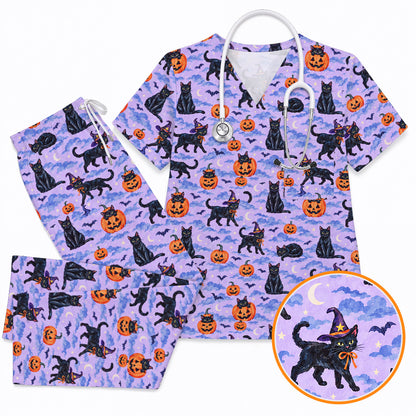 Black Cat Halloween Scrub Top, Witchy Pumpkin Nurse Scrubs, Spooky Season Healthcare Uniform