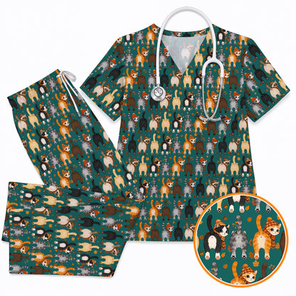 Funny Autumn Cat Scrub Top, Cozy Fall Cat Scrubs Nurse for Cat Lovers, Breathable Fabrics Nursing Uniform