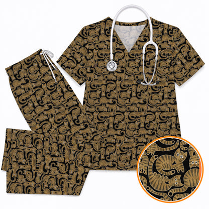 Cute Tabby Cat Pattern Scrub Top, Brown Tabby Cat Nursing Uniform for Cat Lovers, Comfortable Feline Scrubs for Nurses