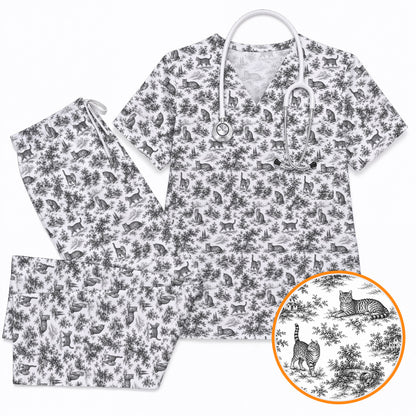 Toile de Jouy Cat Scrub Top, Crazy Cats Pattern Nursing Uniform for Cat Lovers, Vintage Feline Medical Scrubs