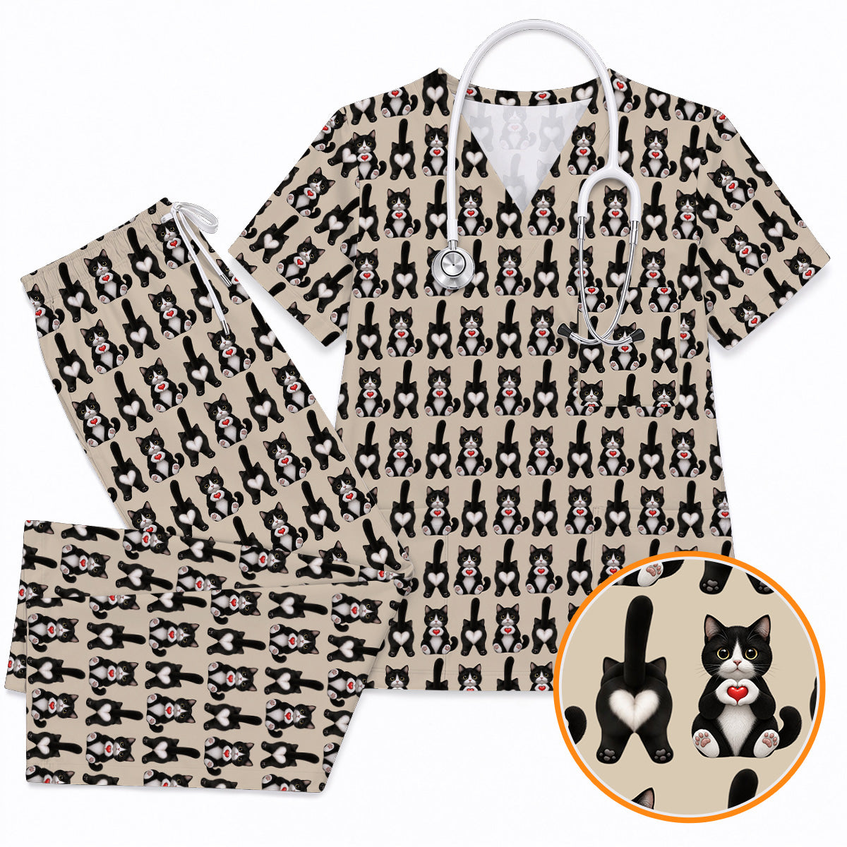 Funny Tuxedo Cat Pattern Scrub Top, Cute Cat Nurse Scrubs, Breathable Fabrics Nursing Uniform