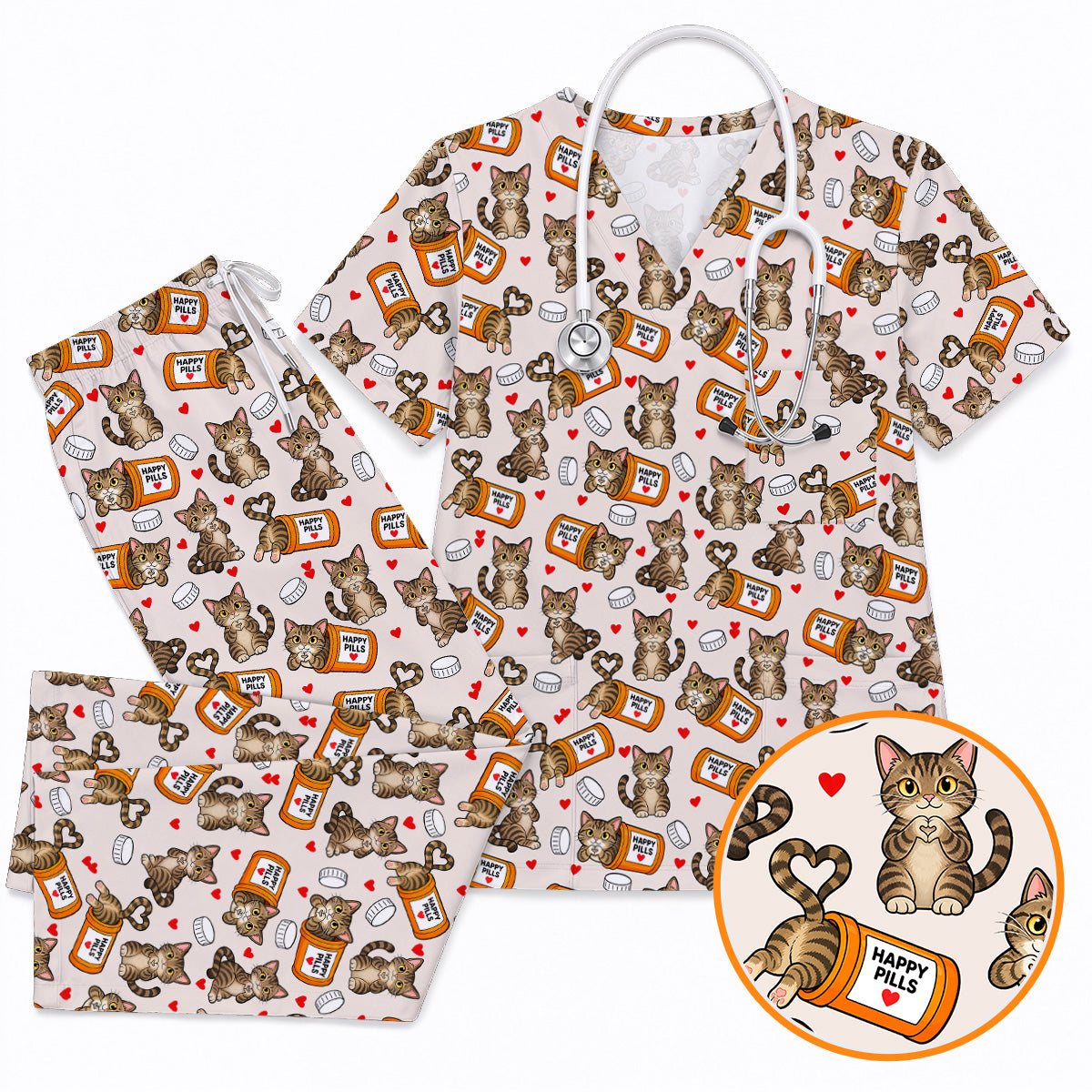 Tabby Cat Nurse Scrub Top, Happy Pills Medical Scrubs, Cute Cat Lover Healthcare Uniform