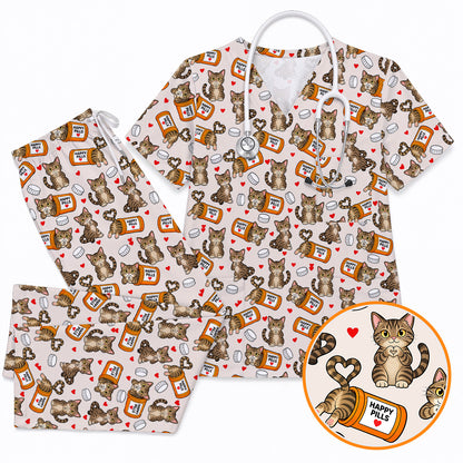 Tabby Cat Nurse Scrub Top, Happy Pills Medical Scrubs, Cute Cat Lover Healthcare Uniform