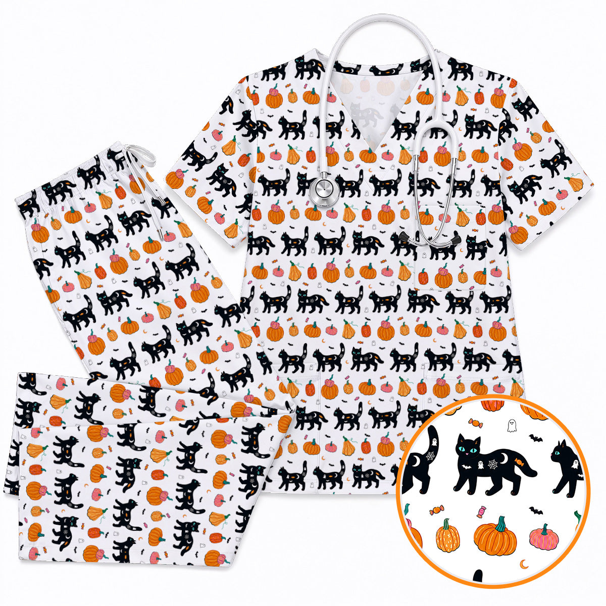 Halloween Black Cat Scrub Top, Pumpkin Cat Print Scrubs, Spooky Nurse Uniform