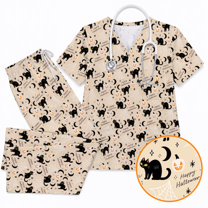 Black Cat Halloween Scrub Top, Cute Pumpkin Nurse Scrubs, Spooky Season Medical Uniform