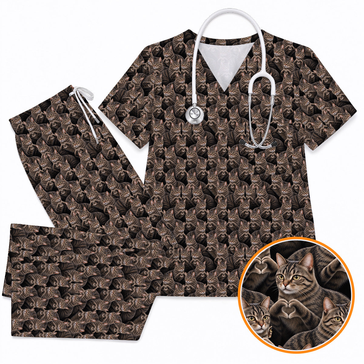 Tabby Cat Pattern Scrub Top, Brown Tabby Cat Nurse Scrubs, Cat Lover Nursing Uniform
