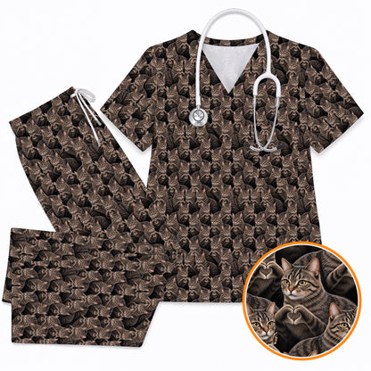 Tabby Cat Pattern Scrub Top, Brown Tabby Cat Nurse Scrubs, Cat Lover Nursing Uniform