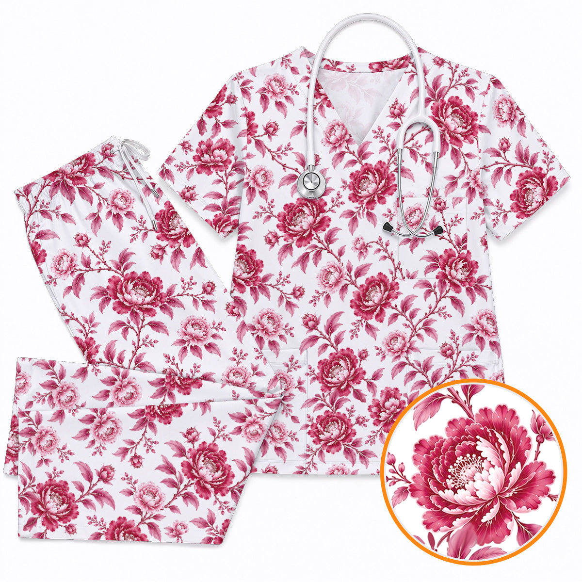 Peony Floral Scrub Top for Women, Elegant Peony Nurse Scrub Shirt, Floral Nursing Uniform For Healthcare Workers