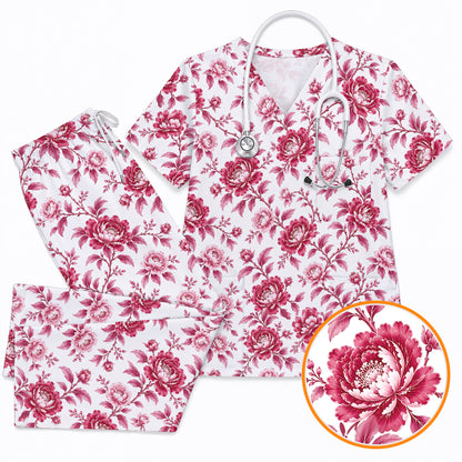 Peony Floral Scrub Top for Women, Elegant Peony Nurse Scrub Shirt, Floral Nursing Uniform For Healthcare Workers