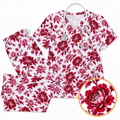 Peony Floral Scrub Top for Women, Elegant Peony Nurse Scrub Shirt, Floral Nursing Uniform For Healthcare Workers