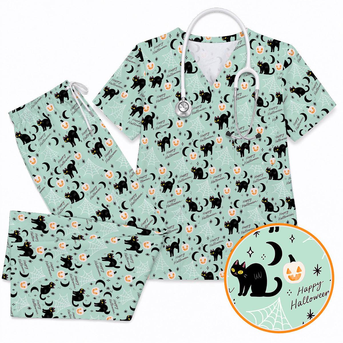 Black Cat Halloween Scrub Top, Cute Pumpkin Nurse Scrubs, Spooky Season Medical Uniform