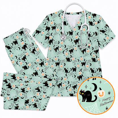 Black Cat Halloween Scrub Top, Cute Pumpkin Nurse Scrubs, Spooky Season Medical Uniform