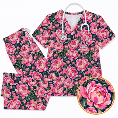 Peony Floral Scrub Top for Women, Pink Peony Nurse Scrub Shirt, Floral Nursing Uniform for Healthcare Workers