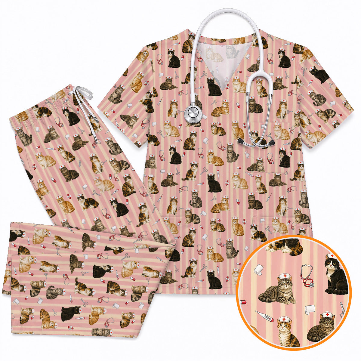 Nurse Cat Scrub Top, Cat Lover Medical Nurse Uniform for Veterinary & Healthcare Workers, Comfortable Feline Nursing Scrubs