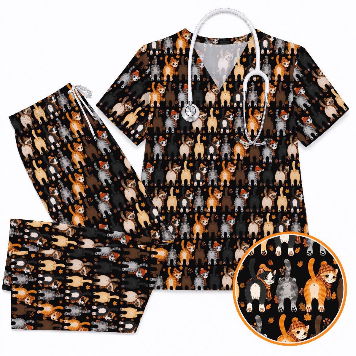 Funny Autumn Cat Scrub Top, Cozy Fall Cat Scrubs Nurse for Cat Lovers, Breathable Fabrics Nursing Uniform