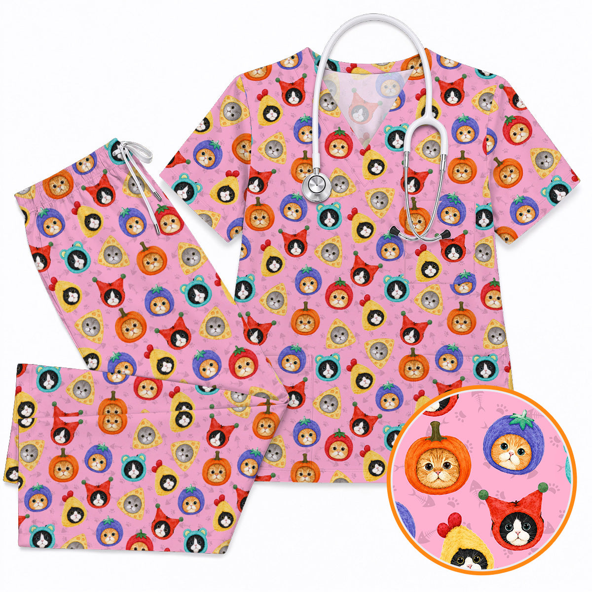 Funny Cat Pattern Scrub Top, Cute Kitty Nursing Uniform for Cat Lovers, Comfortable Medical Scrubs for Nurses