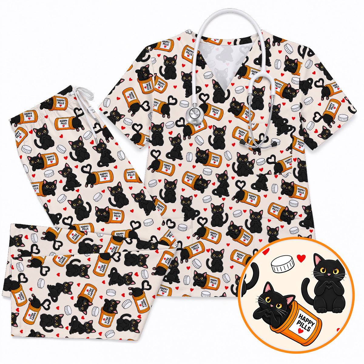 Black Cat Happy Pills Nurse Scrub Top, Funny Pharmacy Cat Scrubs for Nurses, Cute Medical Nursing Uniform Gift