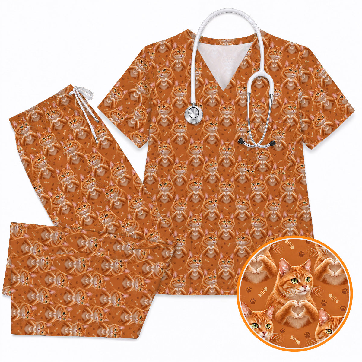 Orange Tabby Cat Love Nurse Scrub Top, Cute Cat Pattern Scrubs For Nurses, Breathable Fabrics Nursing Uniform