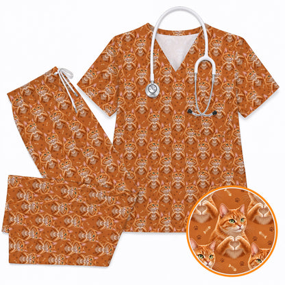 Orange Tabby Cat Love Nurse Scrub Top, Cute Cat Pattern Scrubs For Nurses, Breathable Fabrics Nursing Uniform