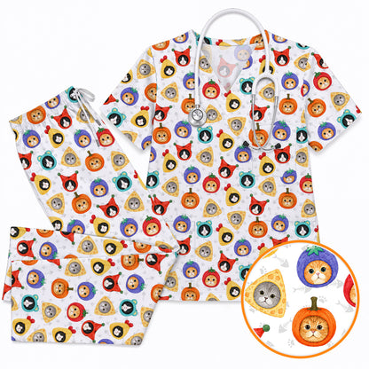 Funny Cat Pattern Scrub Top, Cute Kitty Nursing Uniform for Cat Lovers, Comfortable Medical Scrubs for Nurses