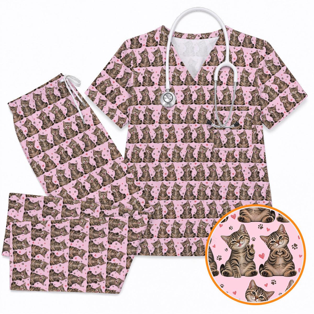 Cute Tabby Cat Pattern Scrub Top, Heart Paw Cat Nurse Scrubs, Breathable Fabrics Nursing Uniform