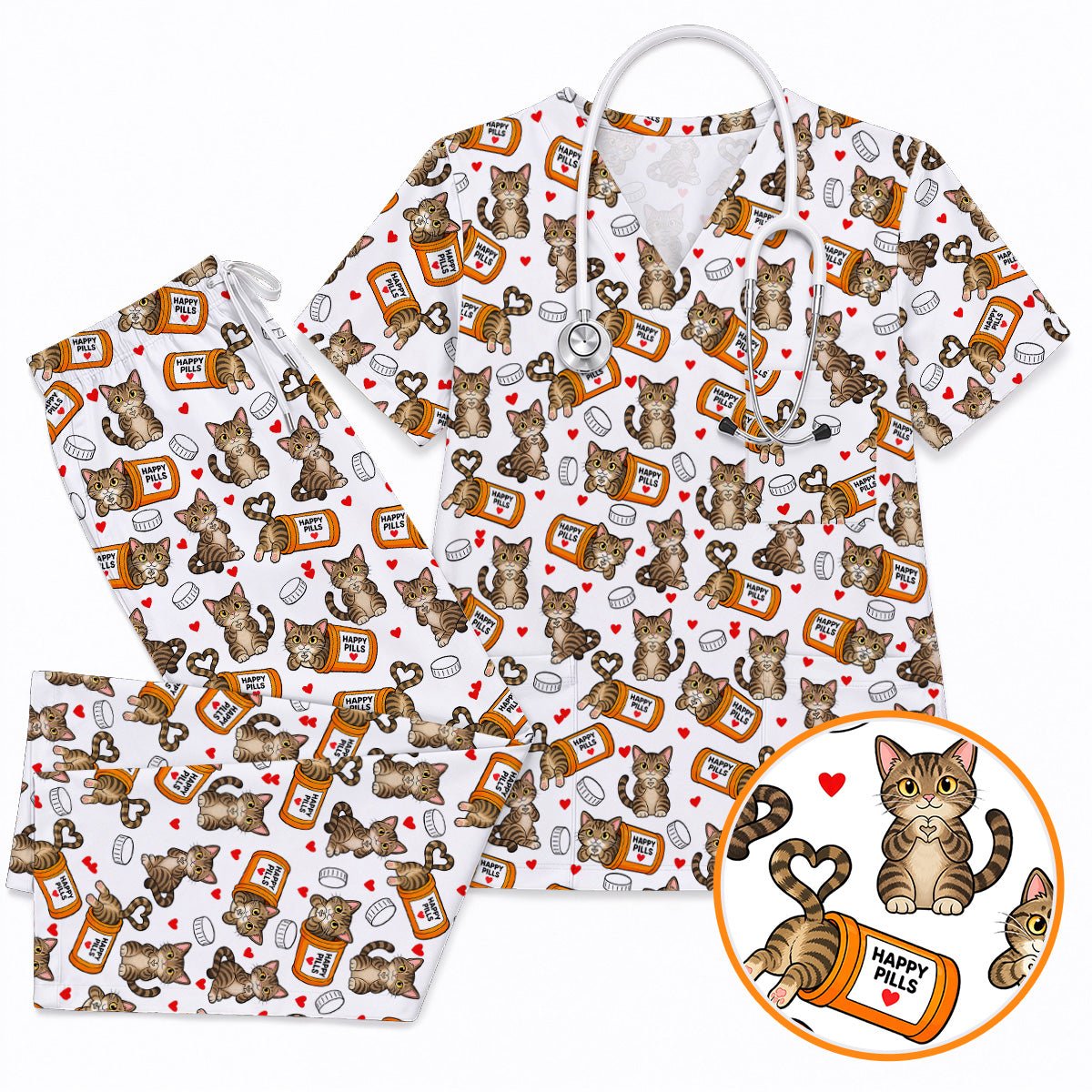 Tabby Cat Nurse Scrub Top, Happy Pills Medical Scrubs, Cute Cat Lover Healthcare Uniform