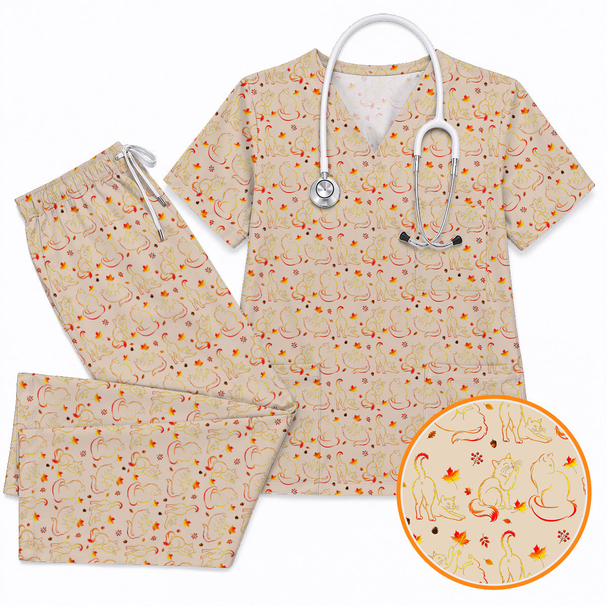 Autumn Black Cat Scrub Top, Fall Cat Nursing Uniform for Cat Lovers, Comfortable Feline Medical Scrubs For Nurse