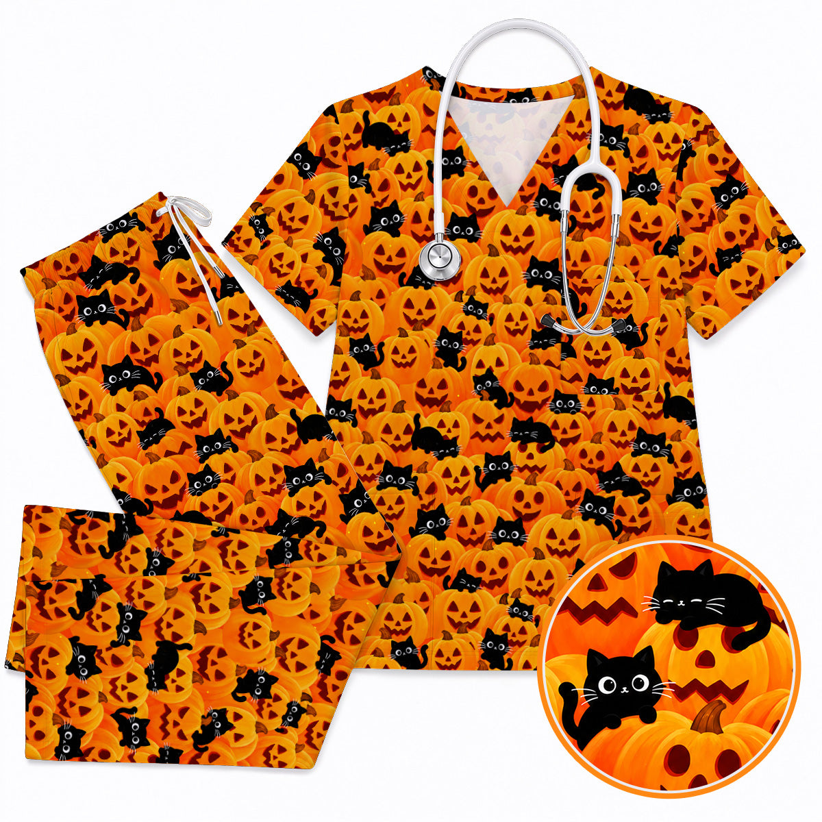 Halloween Cat Scrub Top, Pumpkin Nurse Scrubs, Spooky Season Scrub Uniform