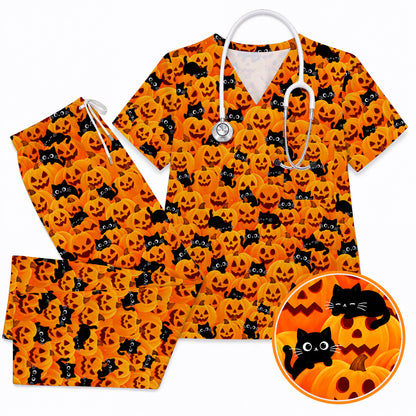 Halloween Cat Scrub Top, Pumpkin Nurse Scrubs, Spooky Season Scrub Uniform