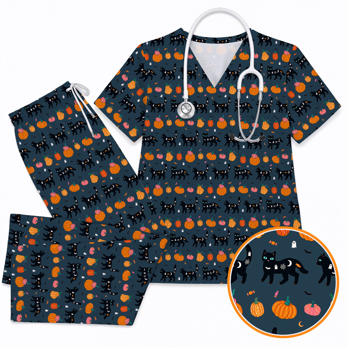 Halloween Black Cat Scrub Top, Pumpkin Cat Print Scrubs, Spooky Nurse Uniform