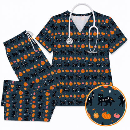Halloween Black Cat Scrub Top, Pumpkin Cat Print Scrubs, Spooky Nurse Uniform