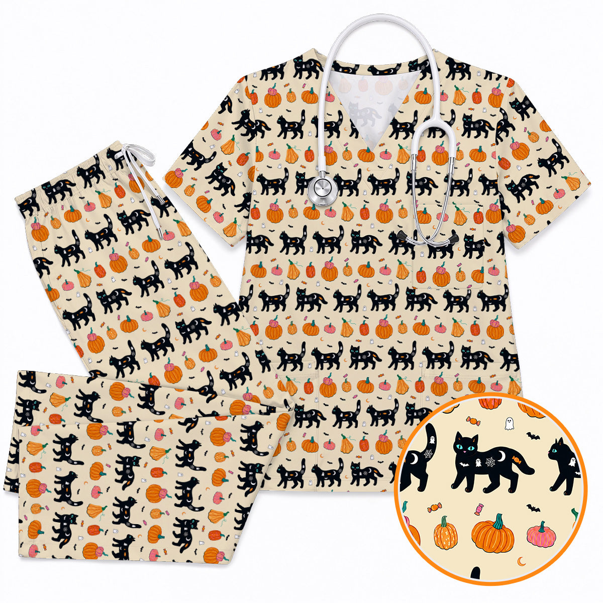 Halloween Black Cat Scrub Top, Pumpkin Cat Print Scrubs, Spooky Nurse Uniform