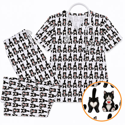 Funny Tuxedo Cat Pattern Scrub Top, Cute Cat Nurse Scrubs, Breathable Fabrics Nursing Uniform