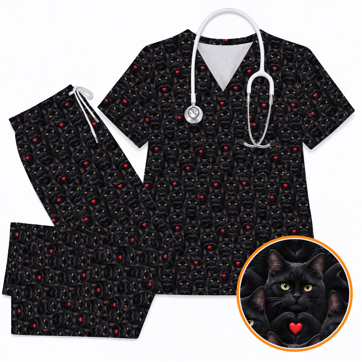 Black Cat Heart Pattern Nurse Scrub Top, Cute Cat Lover Scrubs For Nurses, Breathable Fabrics Nursing Uniform
