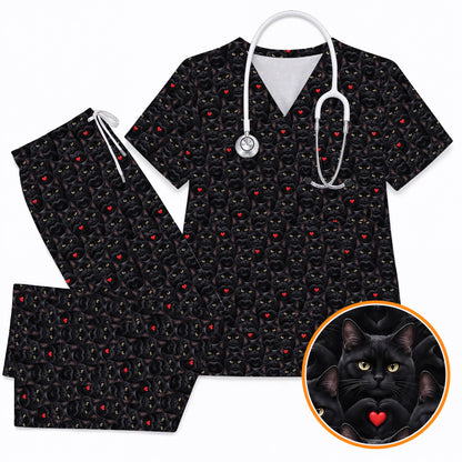 Black Cat Heart Pattern Nurse Scrub Top, Cute Cat Lover Scrubs For Nurses, Breathable Fabrics Nursing Uniform