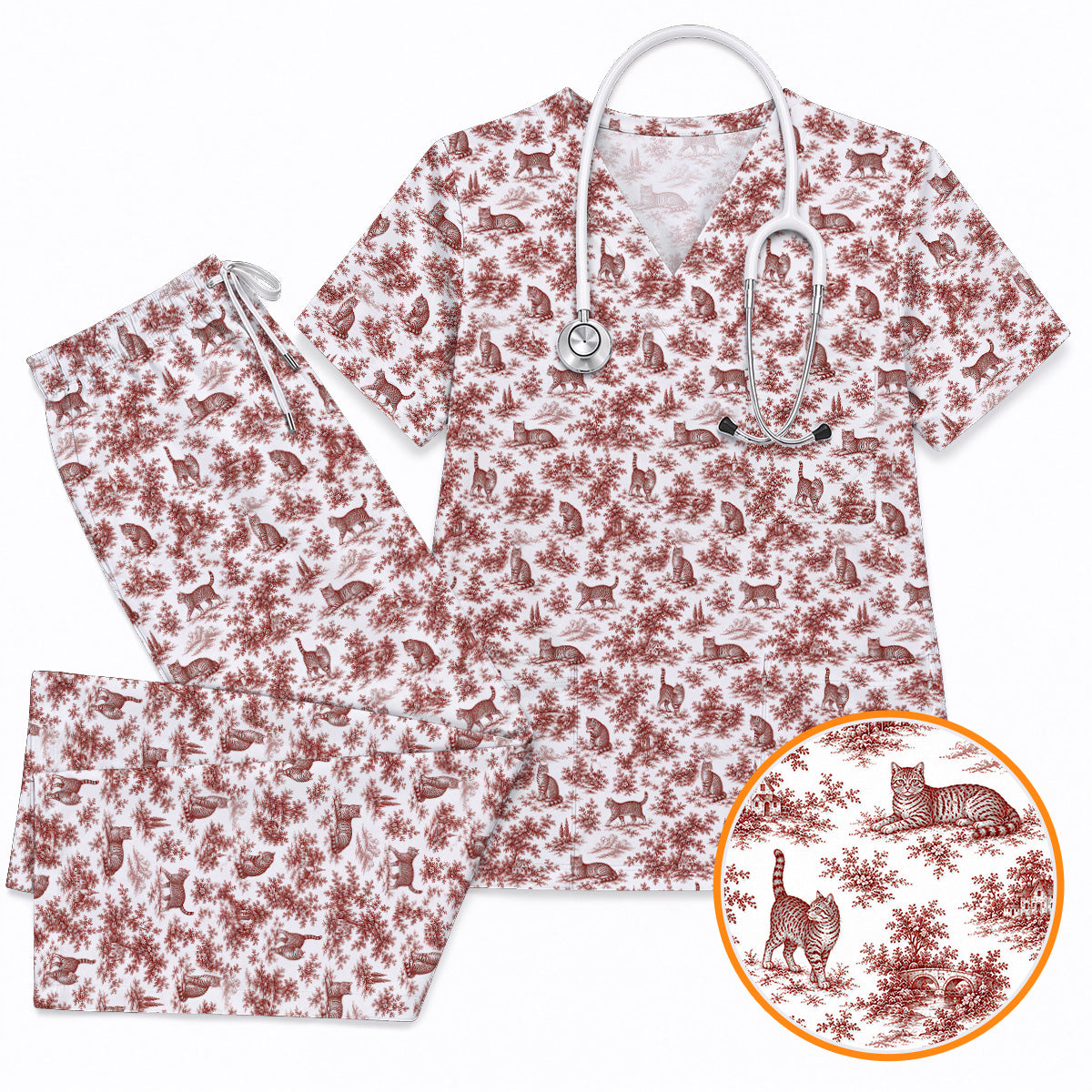 Toile de Jouy Cat Scrub Top, Crazy Cats Pattern Nursing Uniform for Cat Lovers, Vintage Feline Medical Scrubs