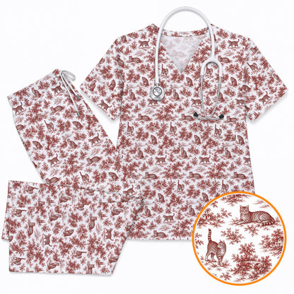 Toile de Jouy Cat Scrub Top, Crazy Cats Pattern Nursing Uniform for Cat Lovers, Vintage Feline Medical Scrubs