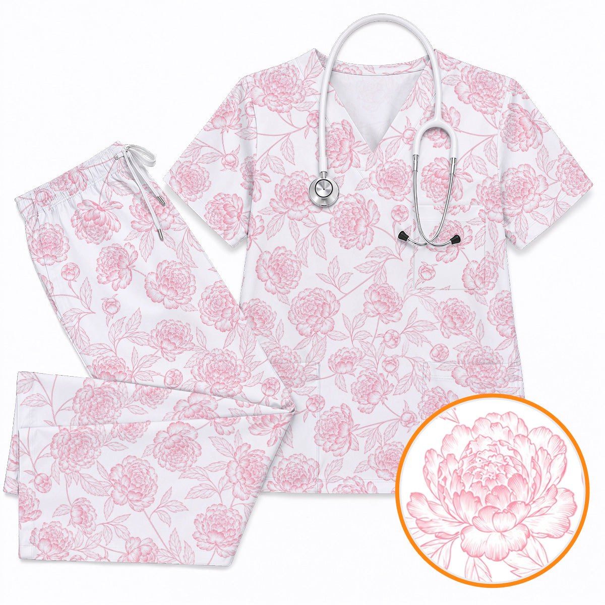 Peony Floral Pattern Scrub Top, Pink Peony Nurse Scrubs, Floral Nursing Uniform