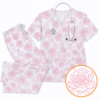 Peony Floral Pattern Scrub Top, Pink Peony Nurse Scrubs, Floral Nursing Uniform